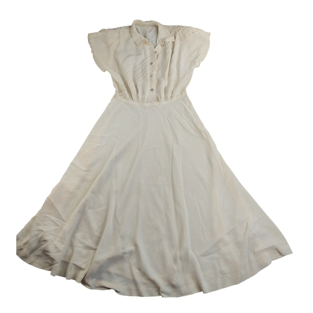 Vintage Cream Button Up Collared Fit Flare Midi Dress Sheer Overlay‎